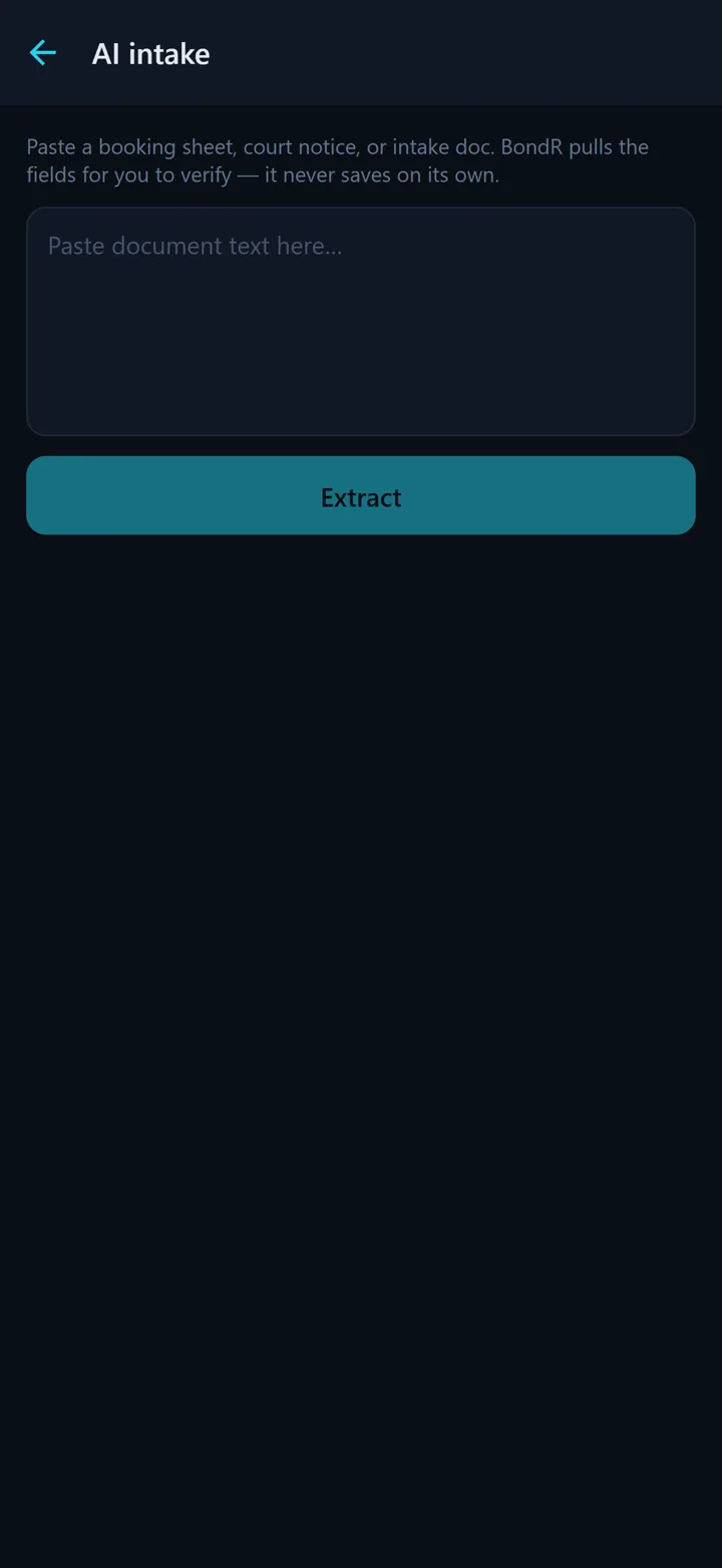 Bondr AI document capture on iPhone — a booking sheet uploaded and its fields extracted into a new defendant file for review