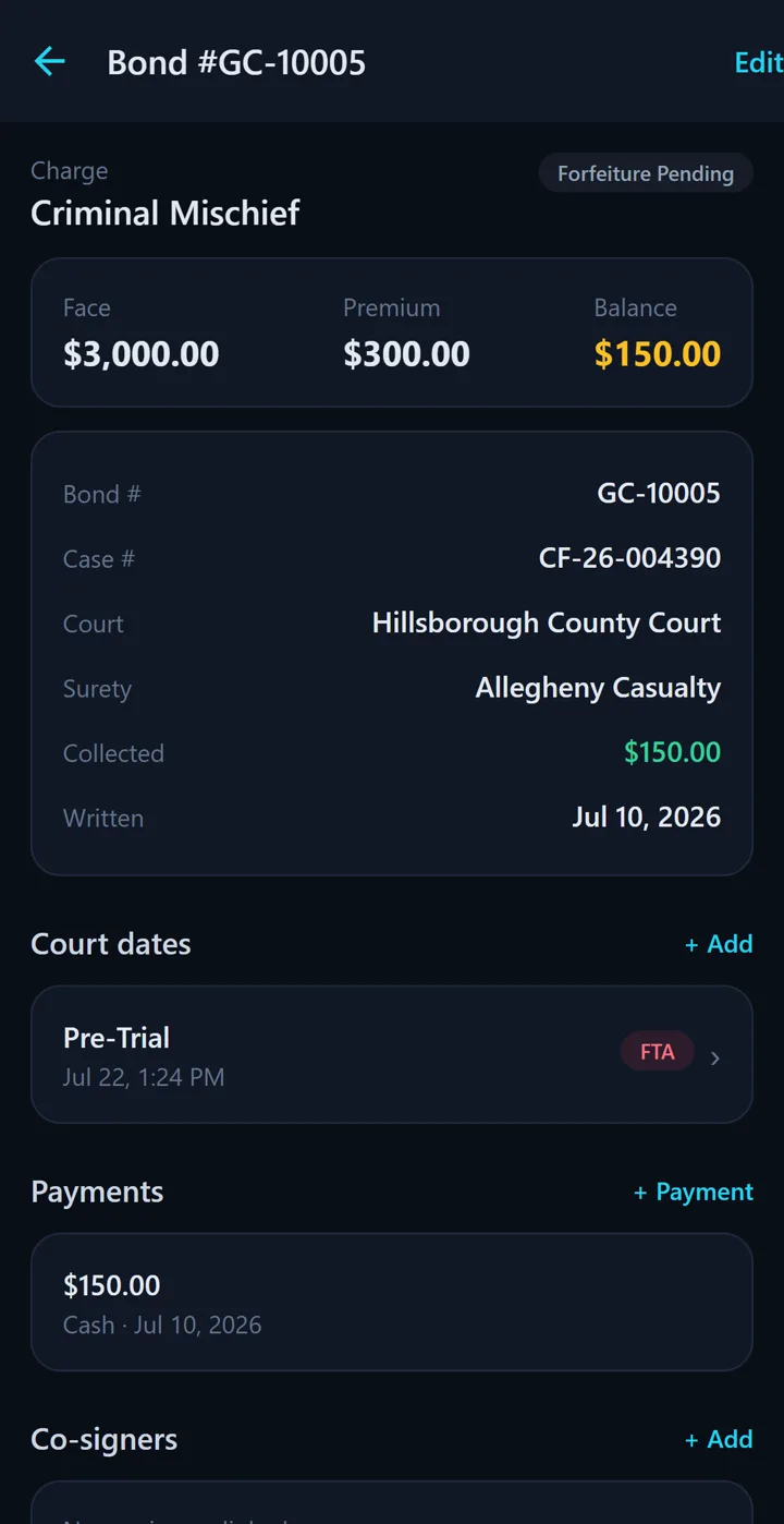 Bondr bond detail — Face, Premium and Balance up top, premium Collected shown in green, a recorded cash payment, court dates and co-signers, with an Add Payment button