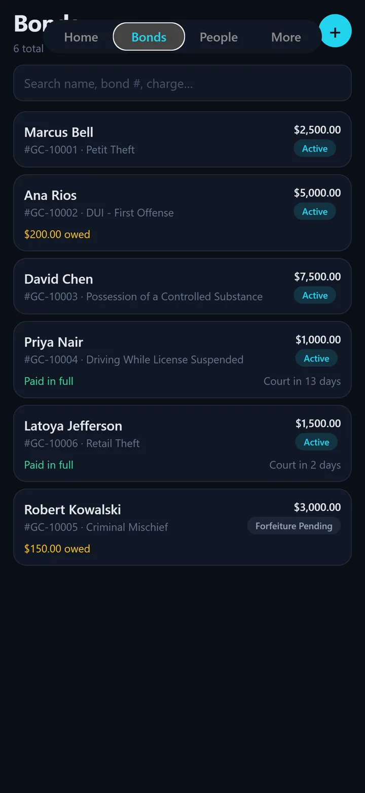 Bondr Bonds list on iPhone — each bond with premium owed, collected and balance