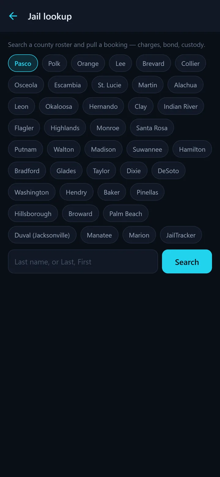 Bondr jail lookup: a county roster search returning a booking that can be turned into a new defendant file