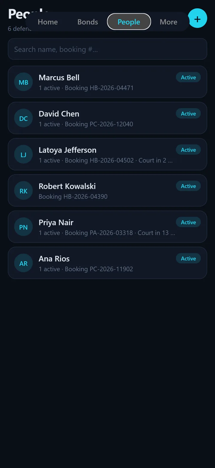Bondr People on iPhone — the defendant roster, searchable by name or booking number, each with active bond status